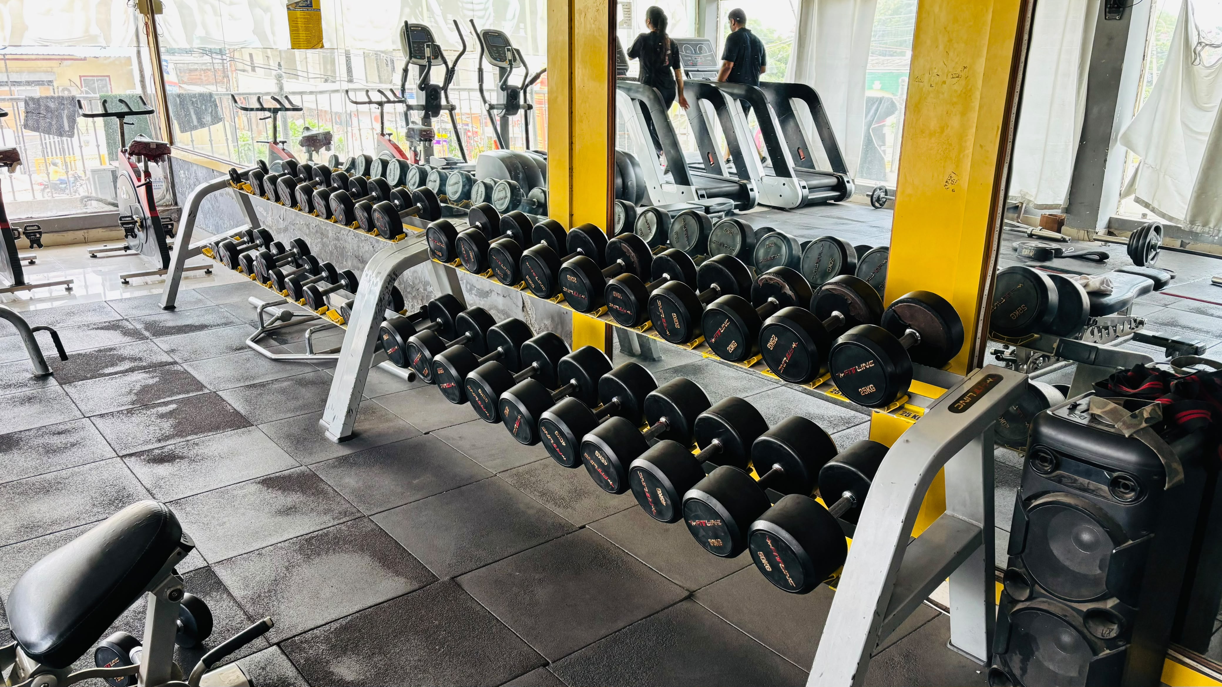 Free weights area with dumbbells and racks